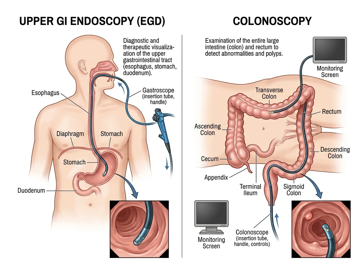 Upper GI endoscopy and colonoscopy procedure diagram